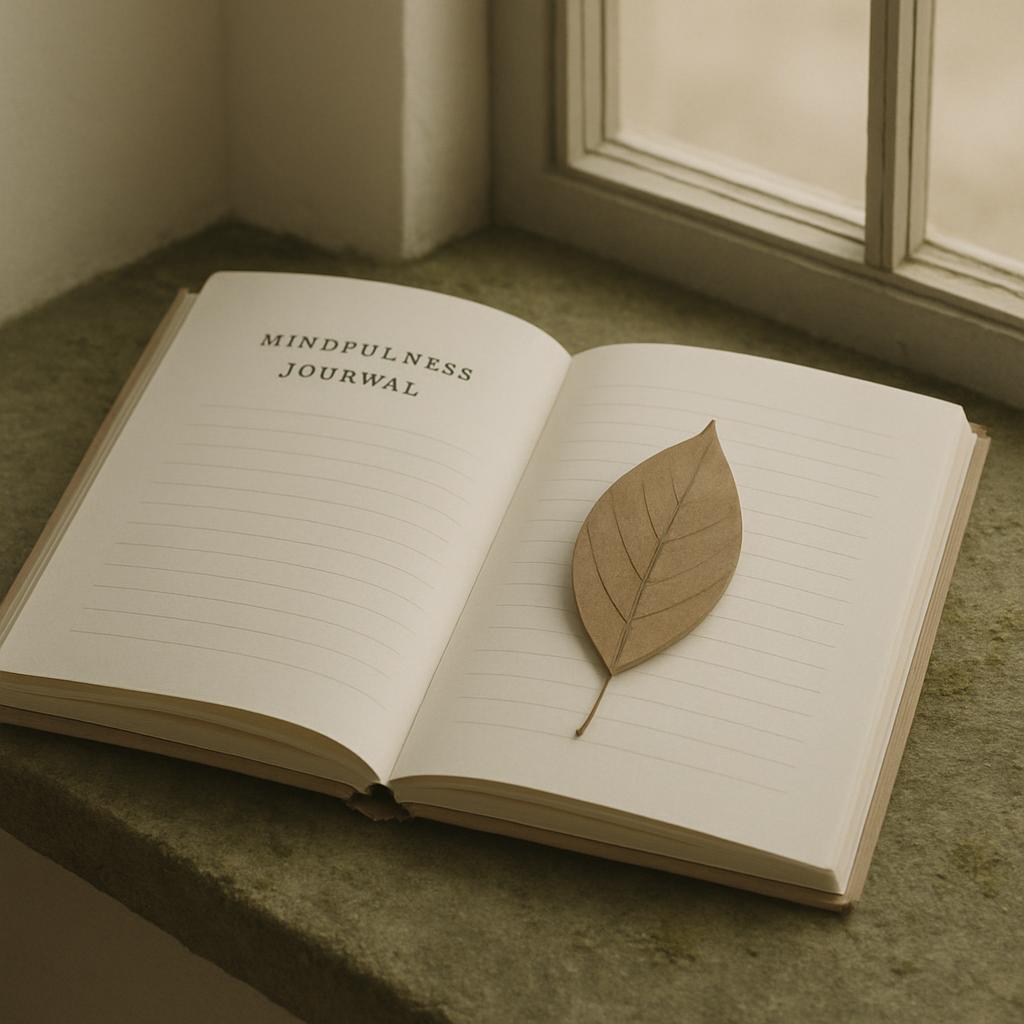 A mindfulness journal with a leaf on top, open to a blank page, sitting on a windowsill.