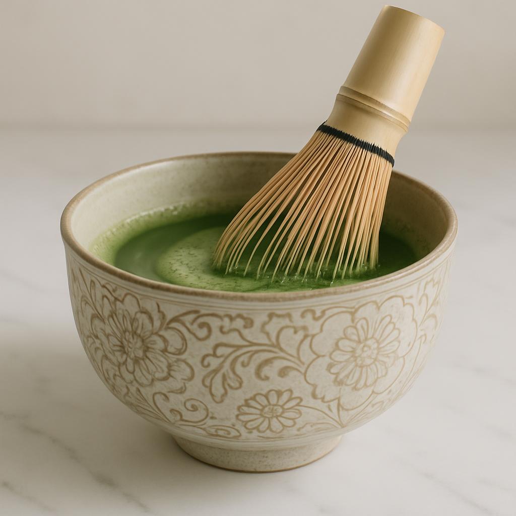 A ceramic bowl with a floral design, containing matcha in the bowl and the whisk rest, along with a bamboo whisk as if bei...