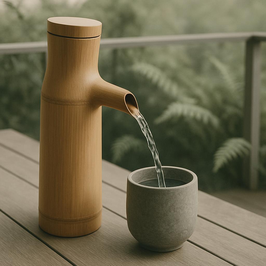 A poured glass of water from a wooden water dispenser over a small grey cup sits on a table with a mild brown hue. The bac...