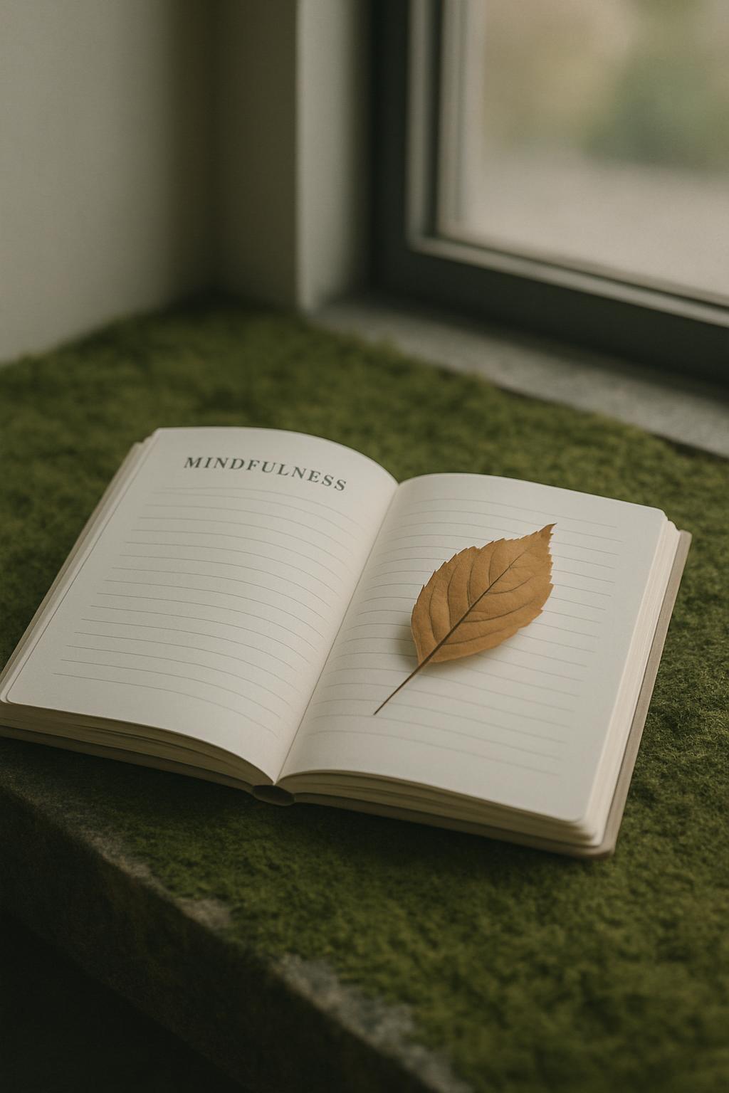 An open notebook with a single leaf on one of its pages, resting on a moss-covered windowsill in front of a blurred window...
