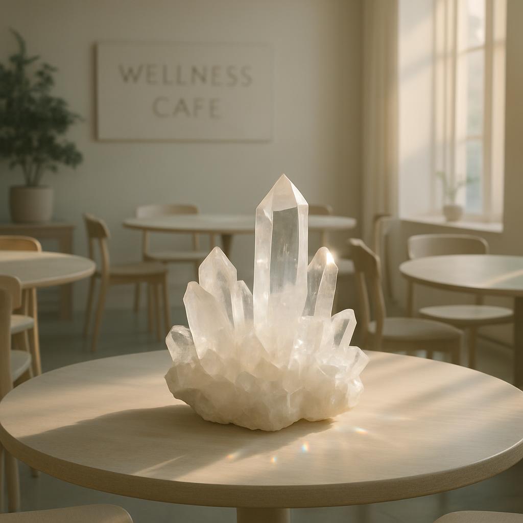 A large, clear crystal sits atop a light-colored round table in a wellness cafe. It is made of many shards of transparent ...