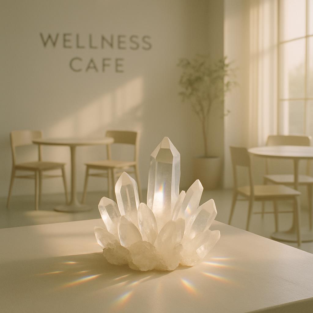 A wellness cafe with a unique display of a large cluster of quartz crystals.