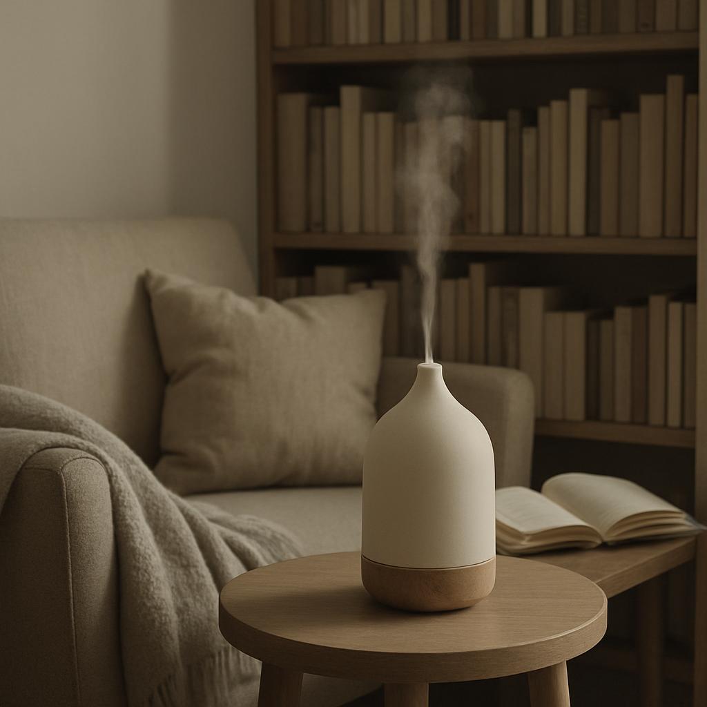 A serene living room scene with a white and beige ceramic essential oil diffuser on a round wooden table, surrounded by a ...